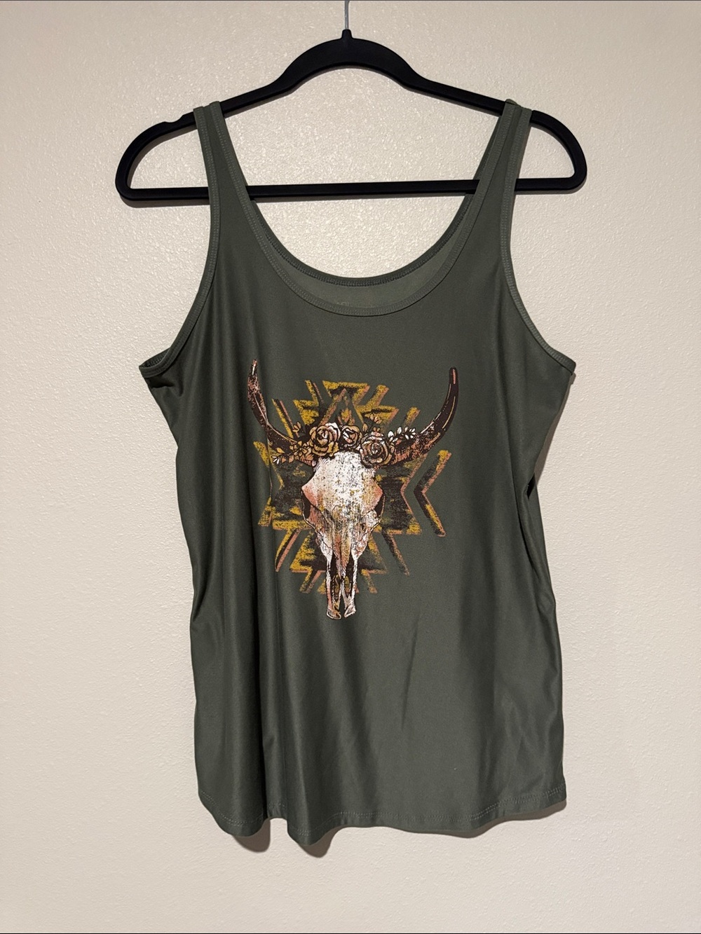 No Boundaries Olive Green Tank with Skull & Floral Graphic